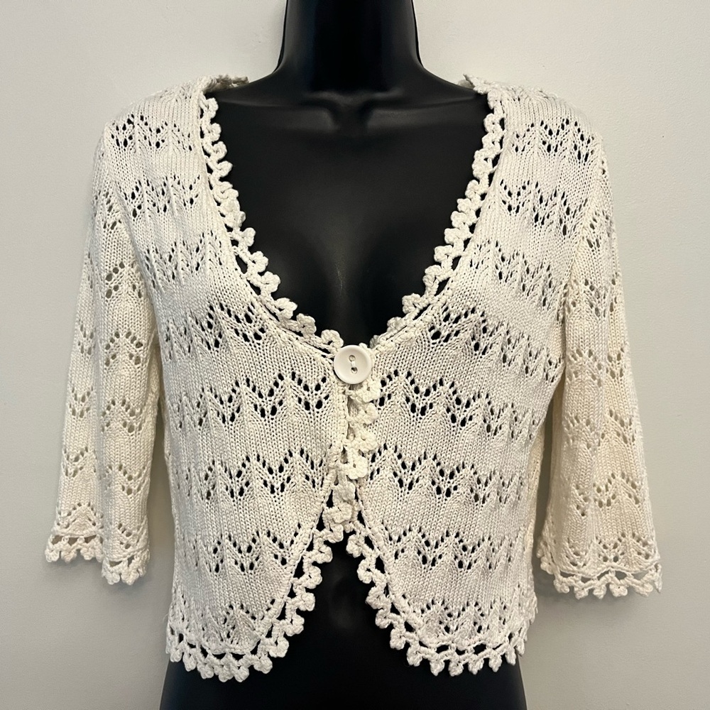 Jessica Lacy Knit 3/4 Sleeve V Neck Cottagecore Cardigan, Size Small
